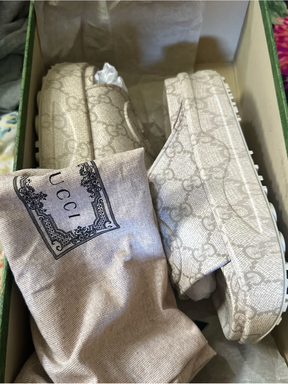 Gucci Beige Monogram Platform Slides - Picture 8 of 8